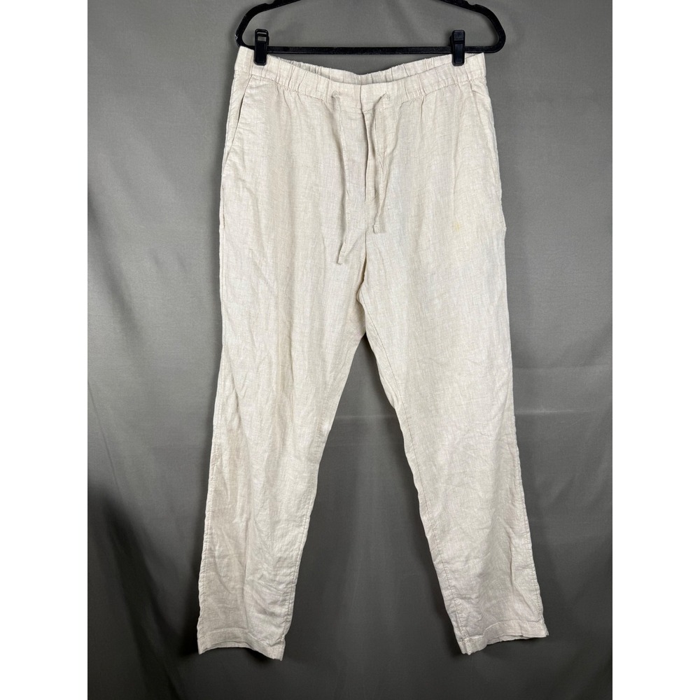 Linen Drawstring Pants Women Medium Oatmeal Beige Relaxed Straight Leg Casual